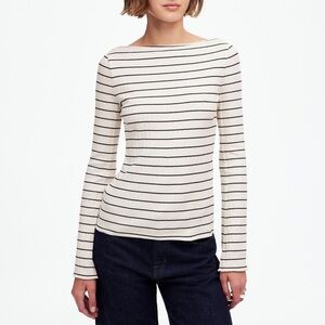 NWT Madewell Ribbed Long-Sleeve Boatneck Top in Stripe Black Winter White XXS